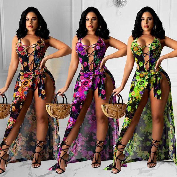 

new women's summer fashion printing v-neck mesh bandage jumpsuit y1006, Black;gray