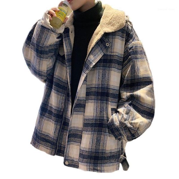 

men's down & parkas winter hong kong wind lamb wool coat cotton korean version of the trend thick plus velvet plaid, Black