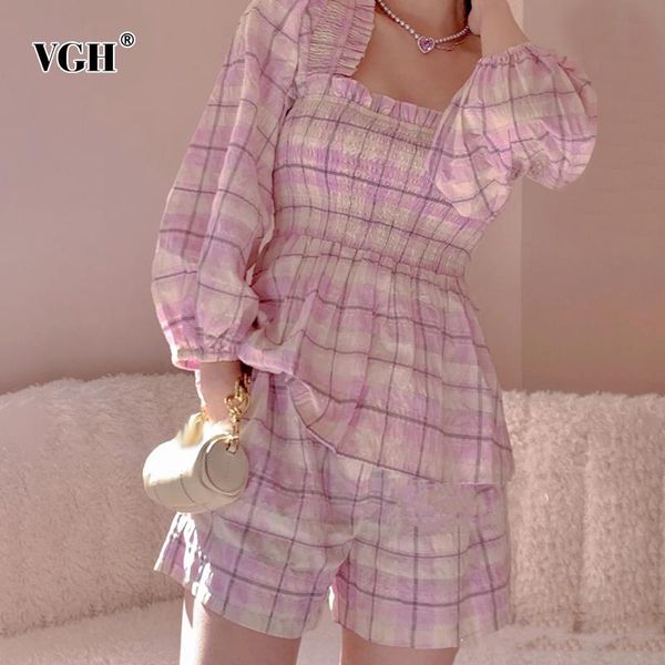 

women's tracksuits vgh casual plaid two piece set for women square collar lantern long sleeve high waist loose shorts sets female styli, Gray