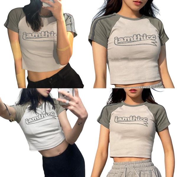 

women's t-shirt fashion diamond letter slim fit color block cut navel exposed raglan sleeve round neck, White