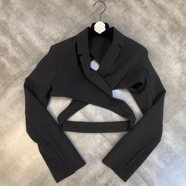 

women's suits & blazers fabpop 2021 long sleeve turn down collar cross waist hollow out slim blazer women black crop coat gb918, White;black