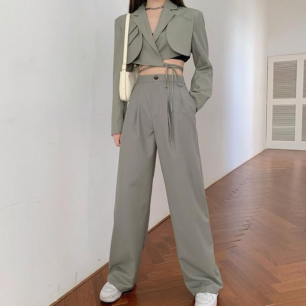 

women's two piece pants korean summer set women crop lace-up blazer coat + high waist suit sets streetwear 2 fs309, White