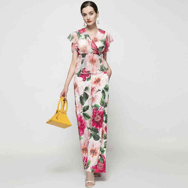 

pant 2021 spring summer female retro-red fashion track camellias print chiffon + full length flower vacation pants together, White