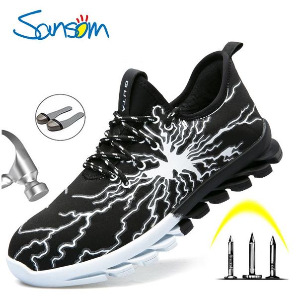 

boots sansom breathable work safety shoes for men anti-smashing steel toe cap working construction sneakers, Black