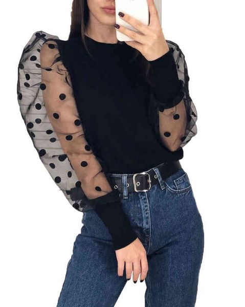 Heiße Damen Polka Dots Tops Sheer Mesh Shirt Puff Langarm Strickbluse Frauen ShirtsTop H1230