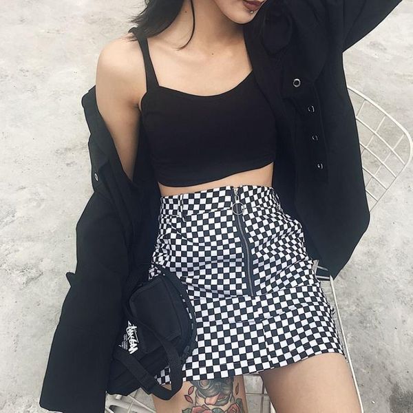 

summer mini black and white women skirts iron ring checkerboard plaid girl skirt