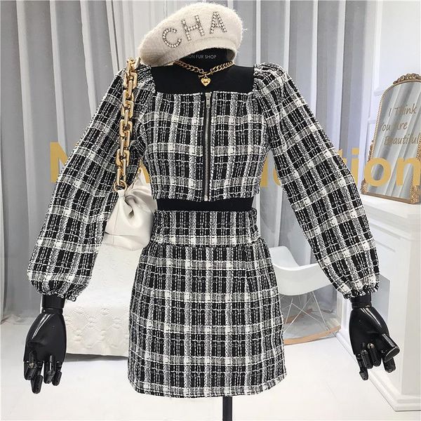 

women's tracksuits korean japanese 2021 autumn elegant plaid square collar mini skirt two-piece sets tz377, Gray
