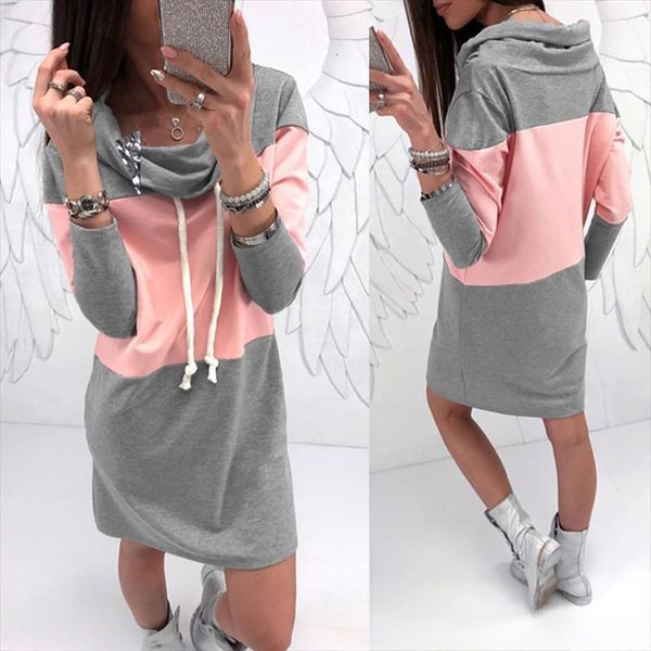 

leosoxs spring autumn casual womens dresses loose turtleneck color matching patchwork long sleeve dress gray pink ladies, Black;gray