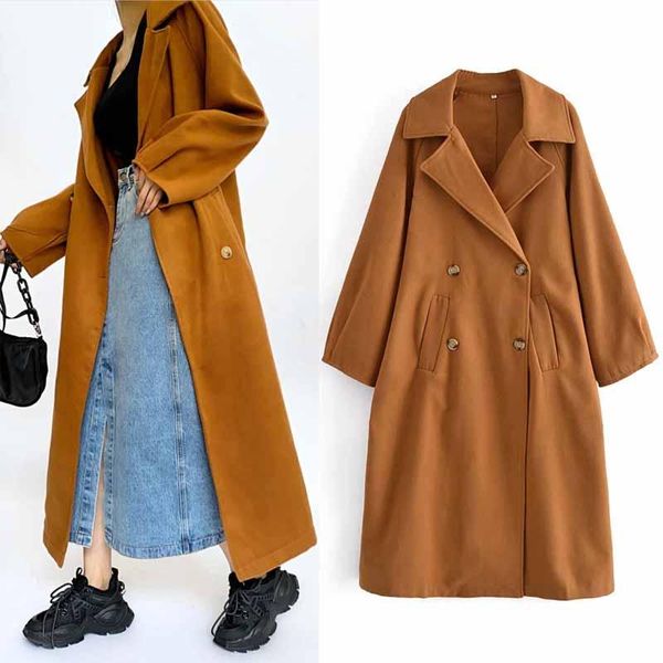 

women's wool & blends korean style chic women autumn winter solid caramel color oversize lapel collar long overcoats back split busines, Black