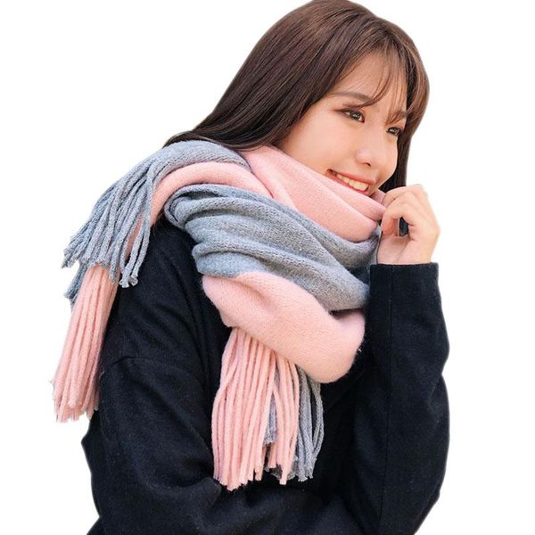 

scarves 2-color patchwork fleece women's knitted scarf korean fashion tassel long shawl wraps men's winter warm luxury pashmina, Blue;gray