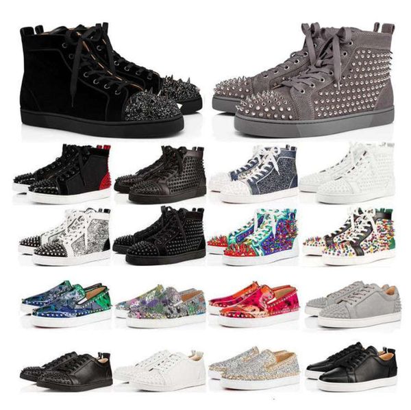 

2021 men women red bottoms shoes fashion spikes high black blue glitter grey leather suede mens casual trainers sneaker size 36-47 39r9#
