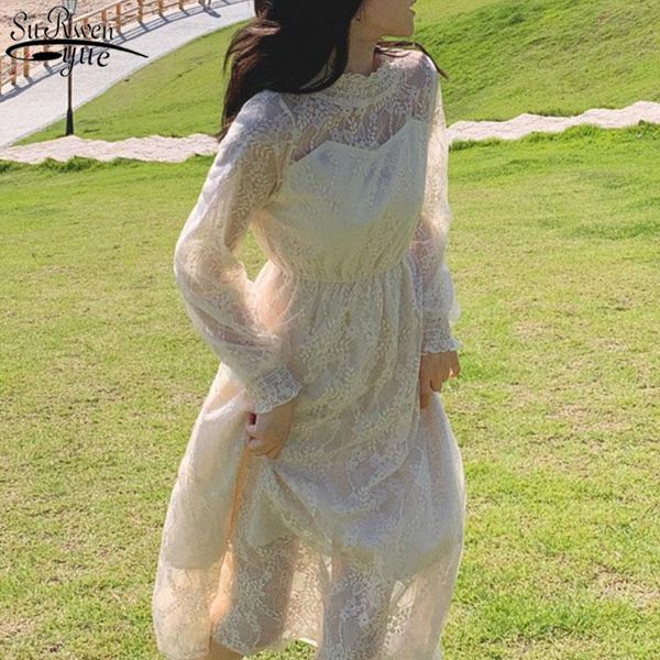 

casual dresses 2021 autumn vintage lace dress elegant puff long sleeve slim a-line vestidos high waist voile mesh women 11915, Black;gray