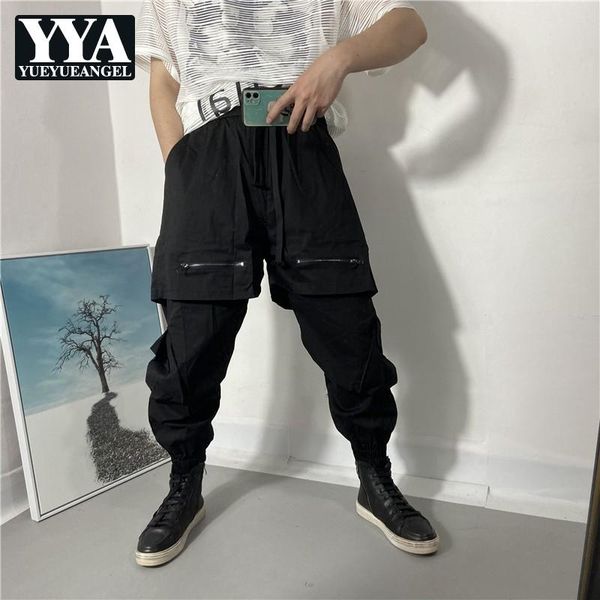 

men's pants men street loose harem harajuku elastic waist cargo trousers fake 2 pieces solid black casual hip hop male m-2xl