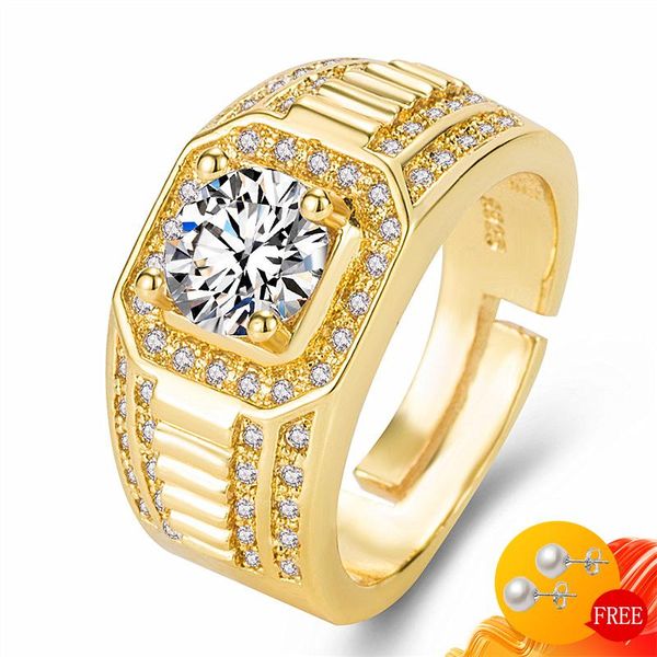 

luxury men ring 925 silver jewelry inlaid zircon gemstones gold color finger rings accessories for male wedding engagement party cluster, Golden;silver
