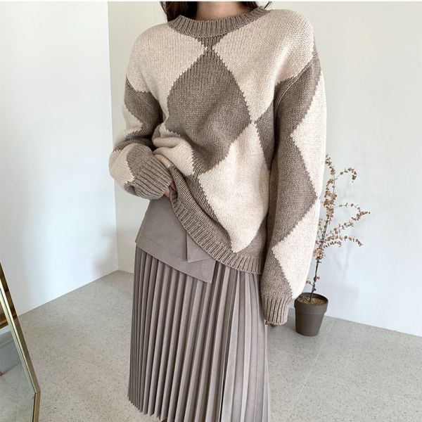 

argyle sweater patchwork pullovers fall 2021 women clothing vintage knitted fashion o-neck black casual long sleeve, White;black