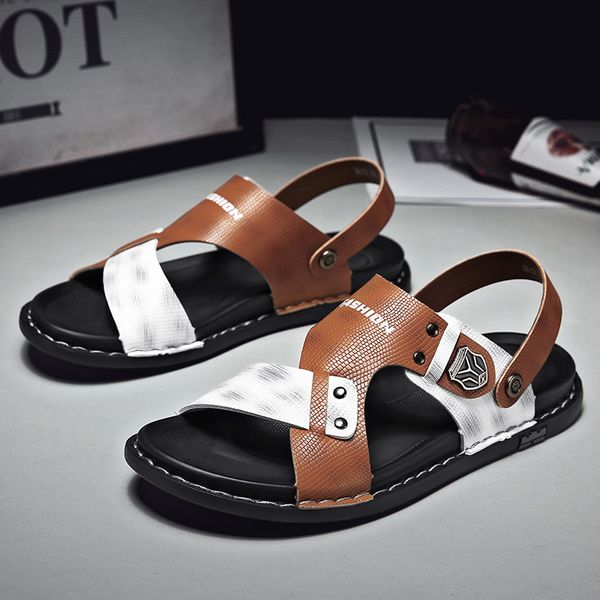

summer casual sandals leather mens flip flops designer outdoor sandals men lightweight mens slides beach sandals zapatos hombre, Red;white