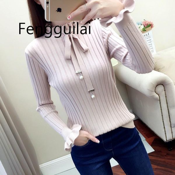 

women's sweaters korean slim knitted sweater female vintage lace up ruffle knitting pullover flare long sleeve winter women pullovers, White;black