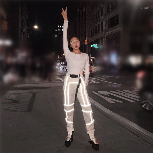 

women's pants & capris 2021 women street reflective patchwork cargo zipper with sashes casual trousers fashion workout, Black;white