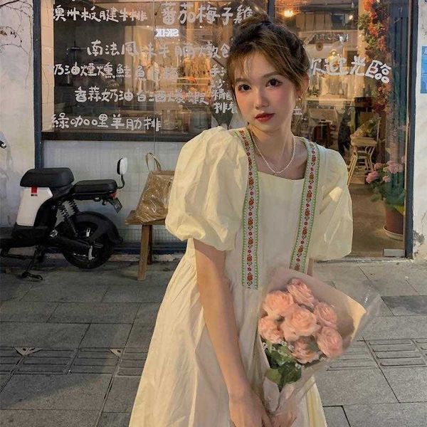 

bubble light yellow sleeve dress women's summer 2021 french first love sweet long skirt mori's square collar, Black;gray