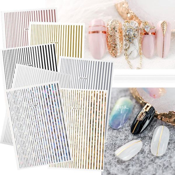 

bronzing iridescent stripes nail sticker decals designs silver gold simple black and white diy art decoration1