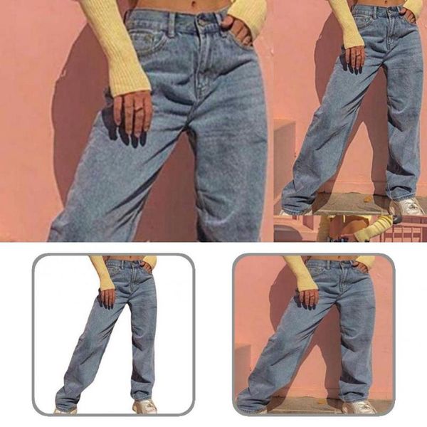 

women's jeans casual ladies pockets wide leg long hip hop style all match, Blue