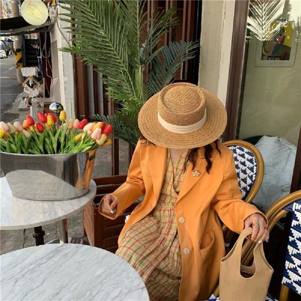 

wide brim hats summer hand woven sunshade breathable flat hat women's sunscreen beach sun straw, Blue;gray