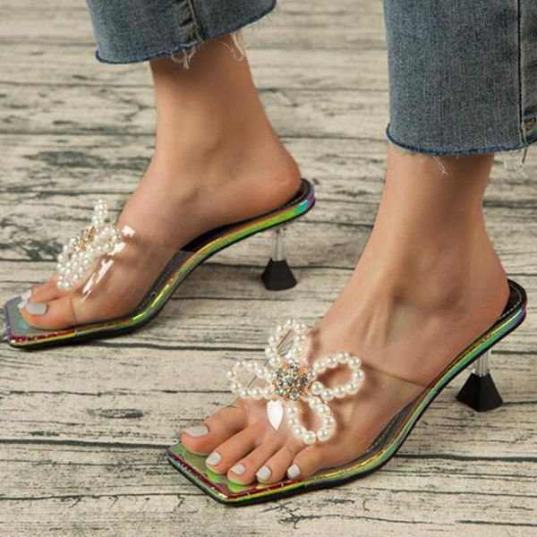 

fashion pearl bow female sandals open toe high heels women transparent slippers summer square head stiletto ladies shoes zy801, Black