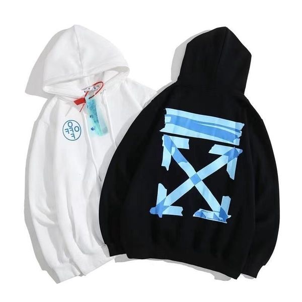 

2021 autumn winter off blue adhesive strip arrow pattern plush hoodie for men and women1, Black