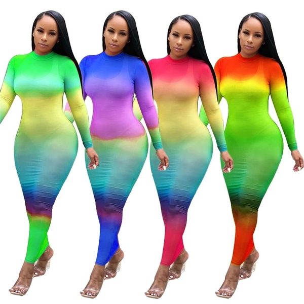 Omsj mulheres sexy malha oco ver através de manga longa colorida magro fit bodycon clubwear lápis vestido de arco-íris 210517