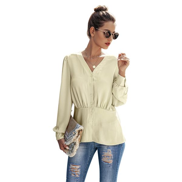 

women office lady blouse long sleeve v-neck front button women blouses solid color lantern sleeve elegant autumn shirts 210412, White