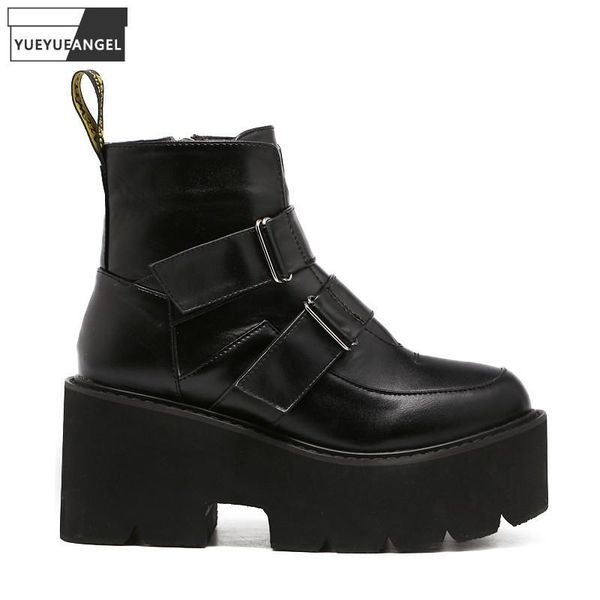 

boots harajuku autumn thick bottom high heel ankle women increase platform wedges shoes street punk pu leather biker short, Black