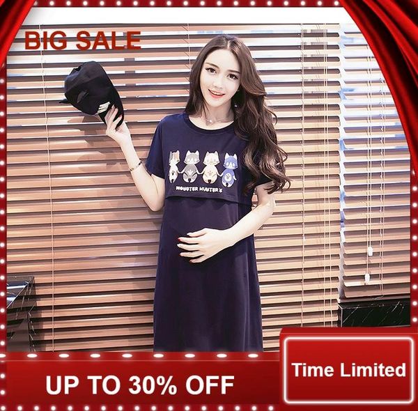 

maternity dresses breastfeeding clothing dress cute cat pattern breathable loose short sleeve faux two piece pregnant, White