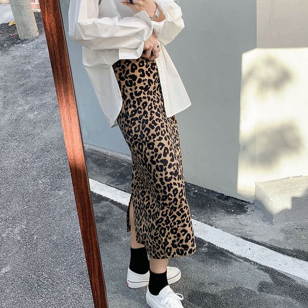 Mode Leopard Weibliche Ankunft Tier Gedruckt Split Röcke Frauen Hohe Taille Streetwear OL Elegante Lange 210421