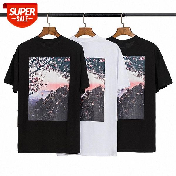 

eentials double-line forest sunset series short-sleeved t-shirt fog men and women couple european version loose bottoming shirt #cz4d, White;black
