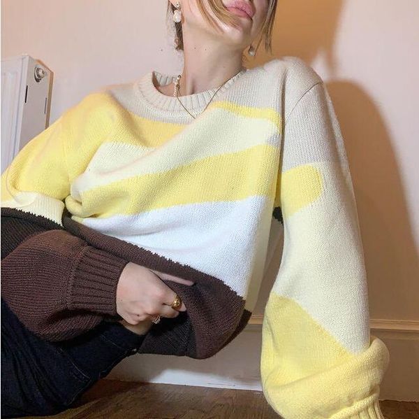 

women's sweaters ly girls long sleeve casual knitwear sweater,autumn winter fashion mixed color stripe splicing round collar pullover, White;black