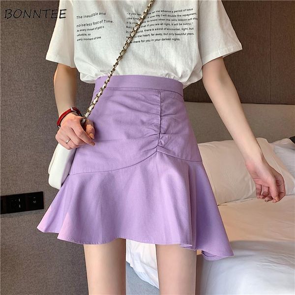 

skirts women solid high waist hem ruffles purple stylish holiday ulzzang slim lovely girl irregular chic trendy female daily, Black