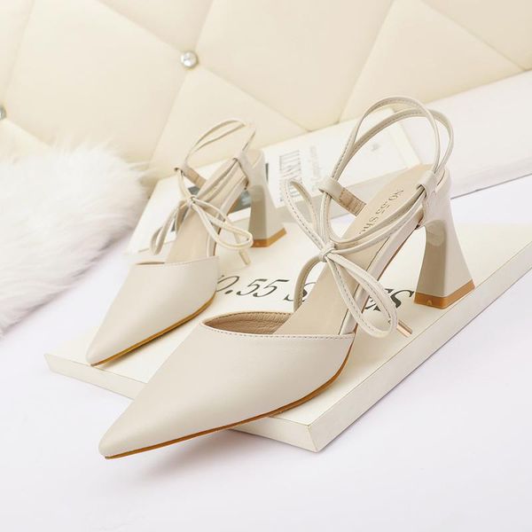 

dress shoes korean fashion pointed pumps high heels nightclub thin strap sandals thick heel women lace, Black