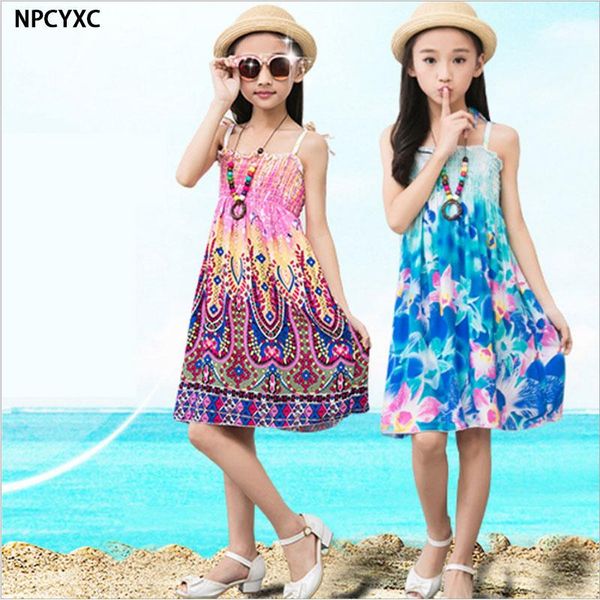 

summer girls beach dress children clothing flowers rainbow colorful sundress cotton kids teenages bohemia strap dresses 2-13 yrs girl's, Red;yellow
