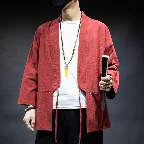 

men's jackets solid color kimono gown men cardigan cotton linen jacket male open stitch casaul streetwear coat m-5xl, Black;brown