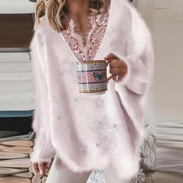 

women's sweaters women lace patchwork sweater elegant 2021 spring autumn loose knitted pullovers female winter casual v neck solid colo, White;black