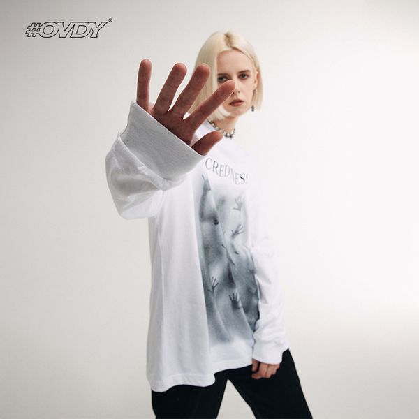 

wxwovdy men's 2021 autumn winter fashion brand new personality ins psychedelic print round neck loose long sve t-shirt, White;black