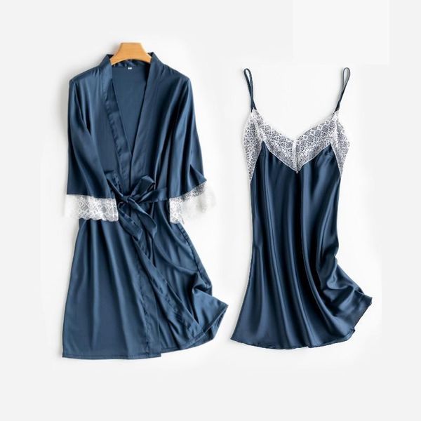 

women's sleepwear wedding robe suit women summer satin kimono bath gown lace bride bridesmaid bathorobe lingerie loose pajamas, Black;red