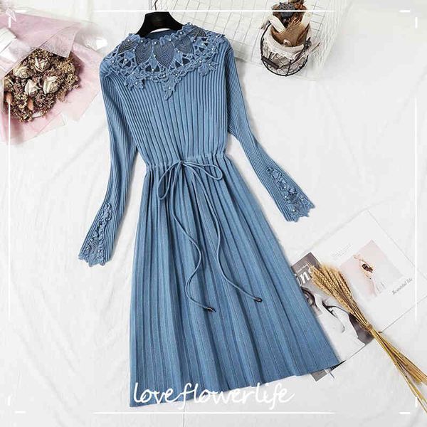 

autumn knitted dress women vintage hollow out lace patchwork sweater dresses long sleeve ruffles dress female vestidos 210521, Black;gray