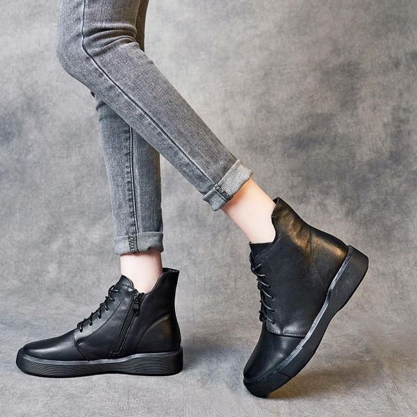 

boots lace up autumn winter 2021 leather women's layer short non slip soft soled, Black