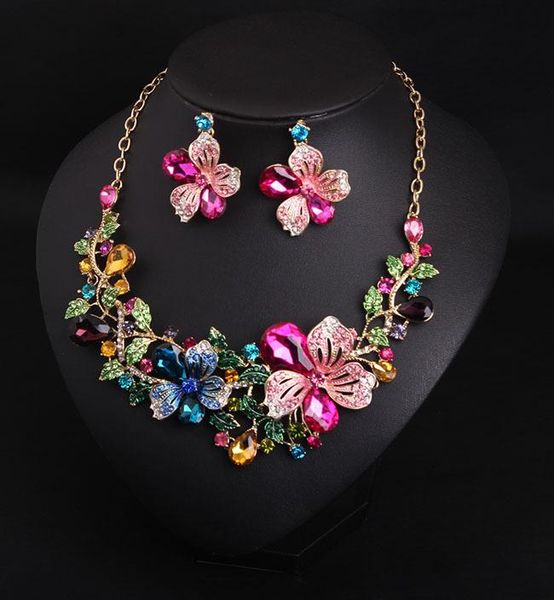 

earrings & necklace luxury crystal jewelry sets colorful flower choker set for women bridal banquet wedding fashion, Silver