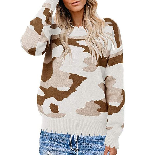 

sweaters women's knitted autumn and winter fashion hem cut camouflage pullover sweater, White;black