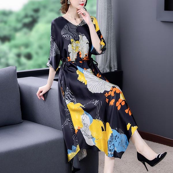 

spring vintage black print 4xl plus size vestidos 2021 summer casual floral mulberry silk midi dress elegant women bodycon dresses, Black;gray