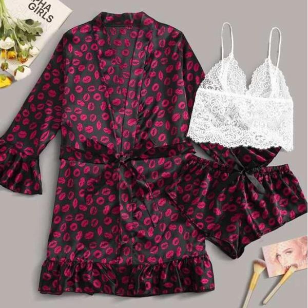 

sleepwear women pajama sets satin pajamas nightdress lingerie set robes underwear pijama mujer nuisette femme women's, Black;red