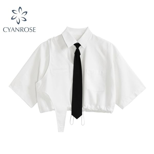 

crop white tie blouses women summer short sleeve cropped patchwork streetwear shirts or blusas fashion cardigan student 210515