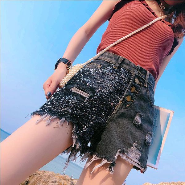 

women's shorts 2021 women jeans feminino denim hole ripped leg-openings plus size sequins with pockets pantalones, White;black